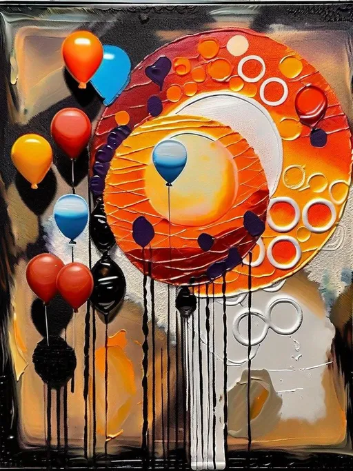 Prompt: A abstract textured painting with balloons,The sun, and a Butterfly backwards and placed in the painting awkward and abstract 