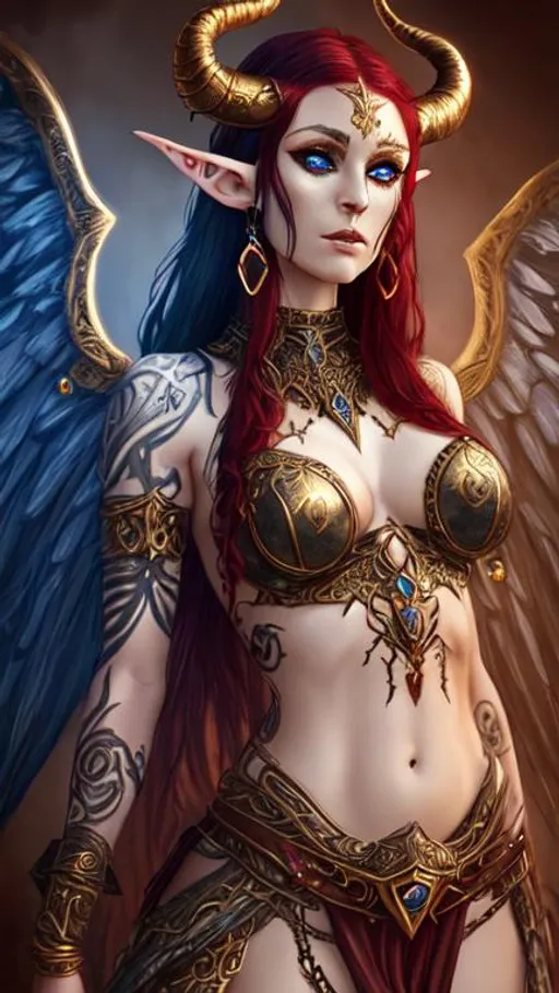 Prompt: full body portait of a elven war goddess with small curled horns and golden wings and jewelry, lip piercing, nose piercing, blue eyes, pierced ears, dark red hair that falls in her face, dark western background, western, micro detailed, dark fantasy. trending, realism, moody
