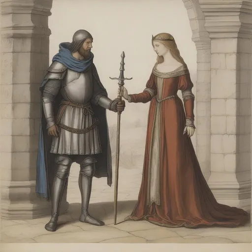 Prompt: An image of a medieval male human and a medieval female human standing some distance apart