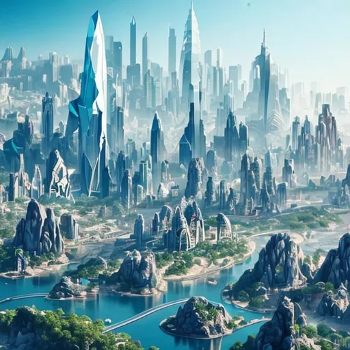 Prompt: City with sleek and angular designs and cliffs and caves, utilizing transparent materials and incorporating holographic displays. The buildings are adorned with intricate patterns and geometric shapes. Futuristic, crystals.