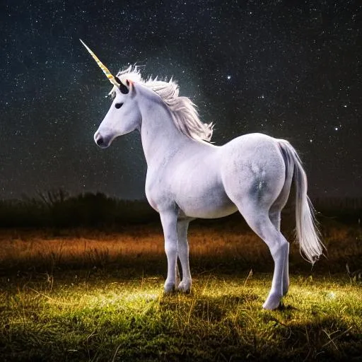 Prompt: Photo of a unicorn standing in a clearing in the moonlight, Hioighres, 4K, Canon Mk2, Ultrarealistic, 800MM, depth of field 5