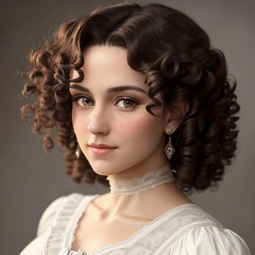 Prompt: An attractive 35 year old woman with very curly hair, elegant, Victorian era, 19th century, facial closeup