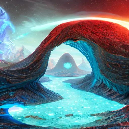 Prompt: an alien planet from where you can see earth through an epic portal, heavenly blue landscape, red oceans, green mountains, bejeweled moon satellites, glitter, diamonds, fantasy by noah bradley, H.R. Giger, bokeh, award-winning art, UHD, HDR, concept art, extradimensional