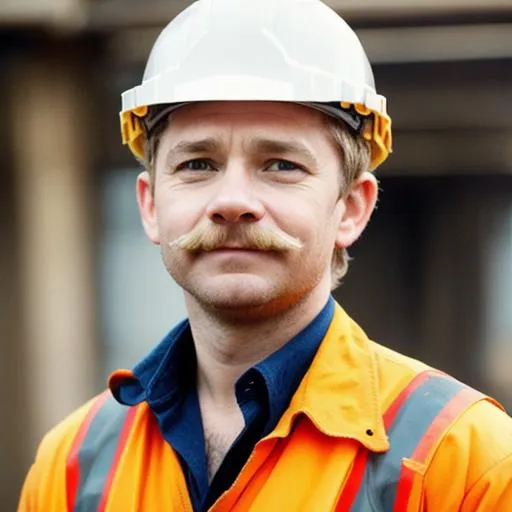 Prompt: Martin Freeman as a construction worker, vintage moustache