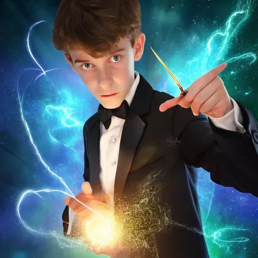 Prompt: 16 year old boy in a tuxedo in a park casting a sparkly magic spell with his magic wand. The magic flys out of the magic wand in the direction he points it