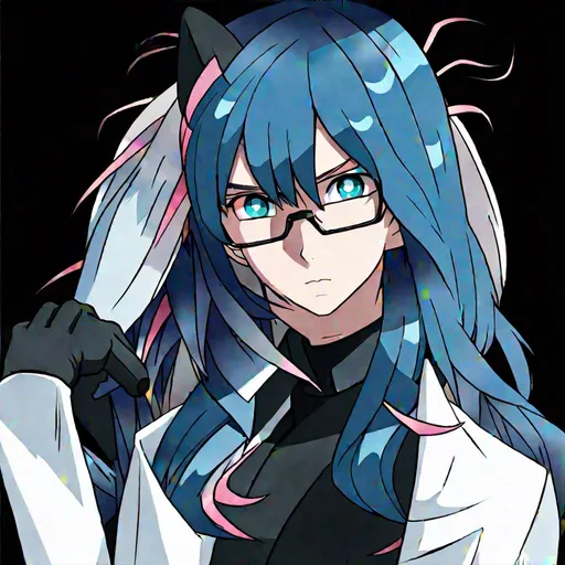 Prompt: Anime, Megaman X style, young, pale person with long dark blue hair with pink strands mixed in, white undershirt, white lab coat, black gloves, light blue eyes, black glasses