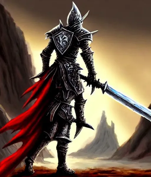 Prompt: DND art Style, 80s, Knight wearing melting armor walking in a desert Canyon walking out of a Puddle on the ground, Red and Silver colored sword held by the Knight in an  Realistic 