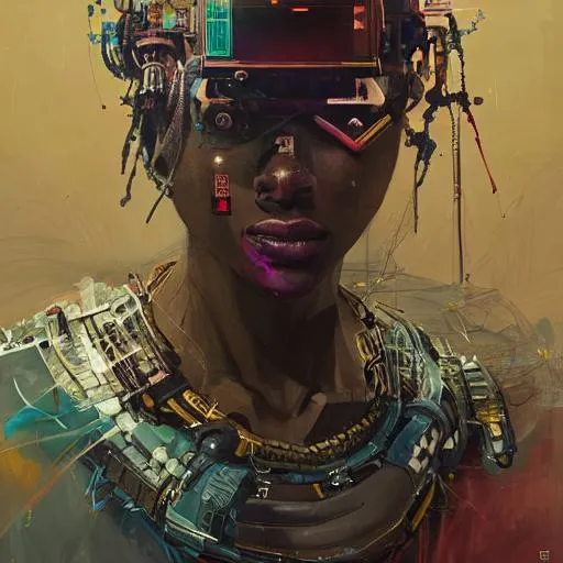 Prompt: a beautiful ukiyo painting of full body african cyberpunk wideview dramatic pose, detailed symmetrical, intricate complexity, concept art, by ismail inceoglu dragan bibin hans thoma greg rutkowski alexandros pyromallis nekro rene maritte illustrated, perfect face, dark skin, multicolored, intricate details, insane details, volumetric lighting