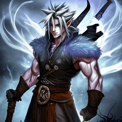 Prompt: masterpiece, smirk, handsome cloud strife and attractive, pointed long elf ears, god of halloween, fiery long hair, celtic, viking, large beard, vampire, wielding candle lit with blue flames, cinematic, full moon behind subject, ghostly aura, fog, extremely muscular:1.25, enchanting, (hot detailed gay muscle art:2), thunder clouds, dark magic, witchcraft, staff, coven, sigils, voodoo, highly-detailed symmetric perfectly male body huge gigantic muscles, cinematic magic and darkness color palette, spotlight,perfect composition, hyperrealistic, super detailed, 8k, high quality, sharp focus,intricate details, highly detailed, dynamic lighting, detailed and intricate environment,