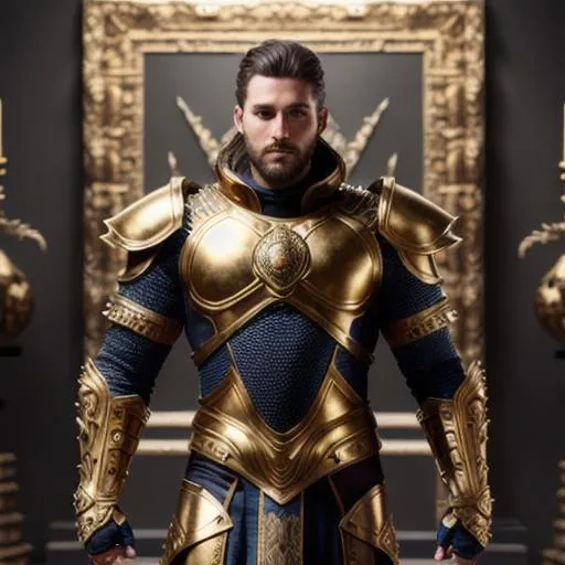 Prompt: full body, warrior, hyper detailed armor, gorgeous man, god, perfect face, perfect, 8k eyes, intricate details, insanely detailed, masterpiece, cinematic lighting, 8k, complementary colors, golden ratio, octane render, volumetric lighting, unreal 5, artwork, concept art, cover, top model, light on hair, full body