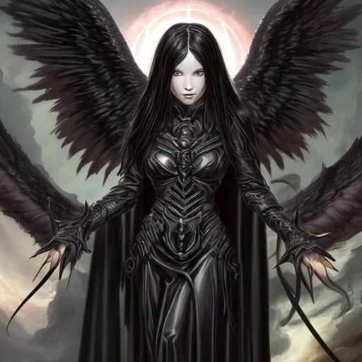 a female demonic angel with long, black hair who pro...