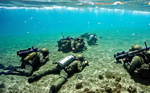 Prompt: army fighting underwater during battle photo.
