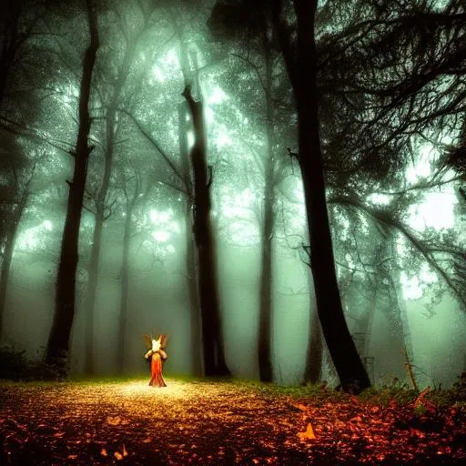 Prompt: Evil goddess, dark woods, stary sky, fog, High quality 
