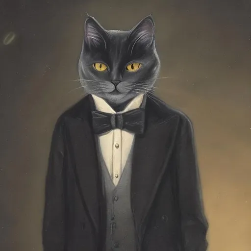 Prompt: Grey cat as a gentleman at night 