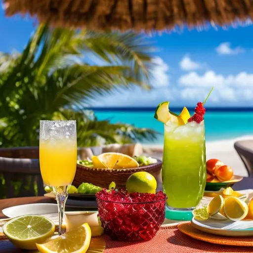 Prompt: "Generate an image of a scene at a tropical beach resort. The table should prominently feature a glass of exceptionally refreshing and sparkling lime juice with a vivid green color, made from bright green Tahiti lemons with ice cubes. Place the plate of beautifully presented breaded shrimp separately. Give particular emphasis to a glass serving dish filled with a diverse, colorful, and inviting tropical fruit salad with vibrant and beautiful fruits. Ensure the fruit salad is the focal point, radiating an atmosphere of freshness and vibrancy."" ultra hd, realistic, vivid colors, highly detailed, UHD drawing, pen and ink, perfect composition, beautiful detailed intricate insanely detailed octane render trending on artstation, 8k artistic photography, photorealistic concept art, soft natural volumetric cinematic perfect light"


