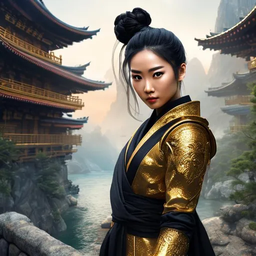 Prompt: create best quality photograph of beautiful female ninja who is wearing all golden ninja style robes, hig quality epic background, detailed face, extremely detailed environment, extremely detailed background, extremely detailed skin, extremely detailed clothing, natural colors , professionally color graded, photorealism, 8k, realistic, moody lighting, galactic environment, volumetric lighting