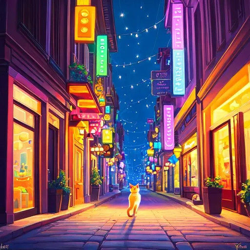 Prompt: a pixar style painting of a cat walking down the street in a city, nighttime, soft light, art, painting, sweet, fireflies, vaporwave