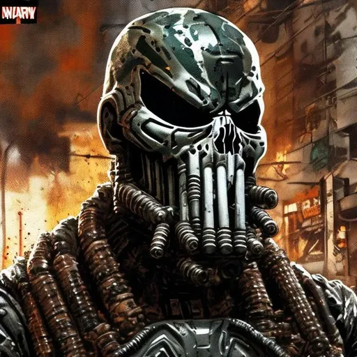 Prompt: Redesigned Gritty black and khaki and copper camouflage dark intense futuristic military commando-trained villain Todd McFarlane's punisher Spawn Cowboy
 Bloody. Hurt. Damaged mask. Accurate. realistic. evil eyes. Slow exposure. Detailed. Dirty. Dark and gritty. Post-apocalyptic Neo Tokyo with fire and smoke .Futuristic. Shadows. Sinister. Armed. Fanatic. Intense. 