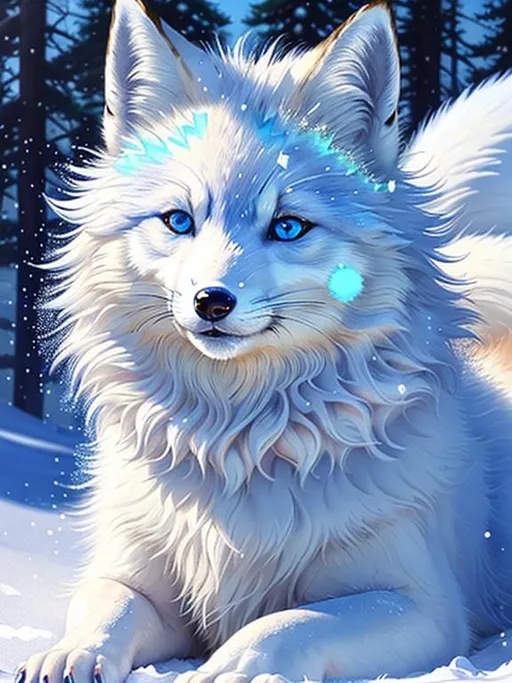 Prompt: (masterpiece, highly detailed oil painting, best quality, 3D, UHD), white (fox-wolf), bashful hypnotic (sapphire-blue eyes), 8k eyes, lying in the snow, thick glistening frosted deep blue fur, thick billowing blue mane, emanating with blue aura, fluffy fox ears, white sparkles, sunlight beams, by Anne Stokes, artstation, featured on deviantart,
icon for an ai app,
detailed smiling face, looking at camera, Yuino Chiri, kitsune, header text, yee chong silverfox, beaming sunlight, extremely beautiful, lazy, (plump:2), insanely beautiful portrait, character portrait, character reveal, revealing magical sapphire jewel, epic digital rendering, professional, symmetric, golden ratio, unreal engine, depth, volumetric lighting, rich oil medium, (brilliant auroras), (ice storm), fox wearing a tiara, vibrant, full body focus, beautifully detailed background, cinematic, 64K, Yuino Chiri, intricate detail, high quality, high detail, masterpiece, intricate facial detail, high quality, detailed face, intricate quality, intricate eye detail, highly detailed, high resolution scan, intricate detailed, highly detailed face, very detailed, high resolution, perfect composition, epic composition