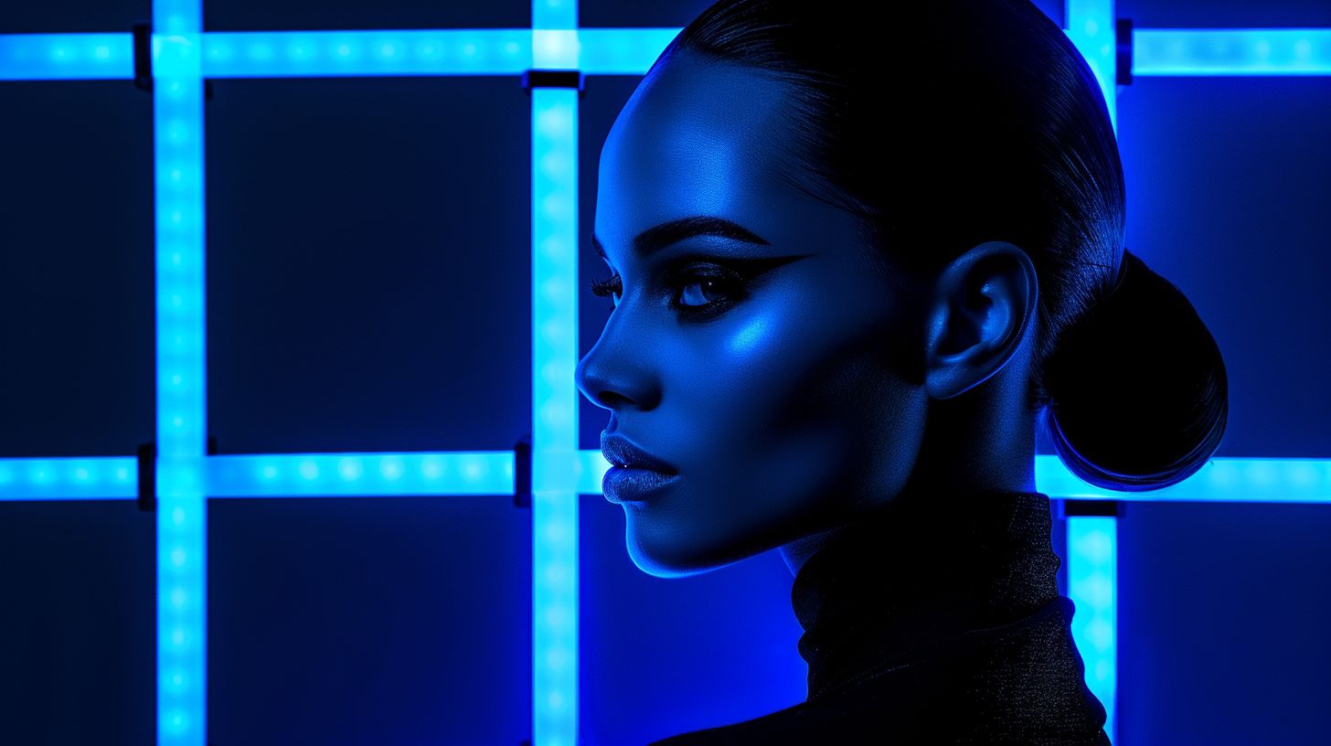 Prompt: Her silhouette against a backdrop of intersecting black bars, in a mix of airbrush and digital art, bronze and navy blue, neon grids of holographic glass, echoing Taras Loboda, elegant beauty, geometric grid