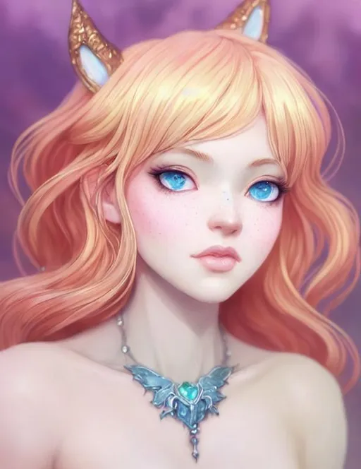 Prompt: glowing, shimmer, fantasy, mage, close up portrait of cute peach princess character, well lit, atmospheric,  character design, gold freckles, highly detailed, fantasy character illustration, portrait, beautifully lit, ethereal, bleak, art by stanley artgerm, peter mohrbacher, Brian Froud, rossdraws, guweiz and wlop and ilya kuvshinov and artgerm and makoto shinkai and studio ghibli. art by Stanley Artgerm, Charlie Bowater, painting by daniel f gerhartz, art by Andrew Atroshenko, orange, yellow and black, long wavy hair, tight cleavage,  pink sun flowers poppies, dramatic makeup, highly detailed girl by artgerm and Edouard Bisson, highly detailed oil painting, portrait of a beautiful person, art by Stanley Artgerm, Charlie Bowater, Atey Ghailan and Mike Mignola,