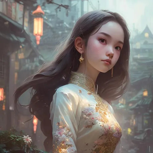 Prompt: soft lighting, perfect composition, cinematic, dramatic, detailed painting, 8k, octane render, by makoto shinkai, stanley artgerm lau, wlop, rossdraws, concept art, digital painting ,vietnamese girl, cute, The central figure should be a young Vietnamese woman, attractive and radiant. She should be adorned in an Ao Dai, Vietnam's traditional outfit