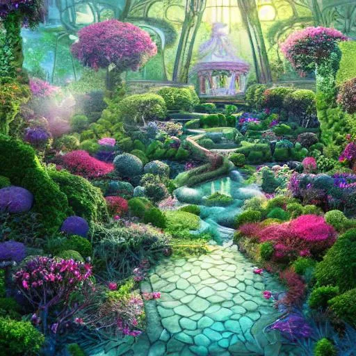 Prompt: Gardens, cosmic fantasy flowing streams and exotic gardens with intricate walking paths, gazebo, 4k Resolution, Art, Digital Art, Perfect Composition, Beautiful Detailed Intricate Insanely Detailed Octane Render Trending On Artstation, 8 K Artistic Photography, Photorealistic Concept Art, Soft Natural Volumetric Cinematic Perfect Light, Chiaroscuro, Award - Winning Photograph, Masterpiece, Oil On Canvas, Raphael, Caravaggio, Greg Rutkowski, Beeple, Beksinski, Giger, Treehouse, forest, 