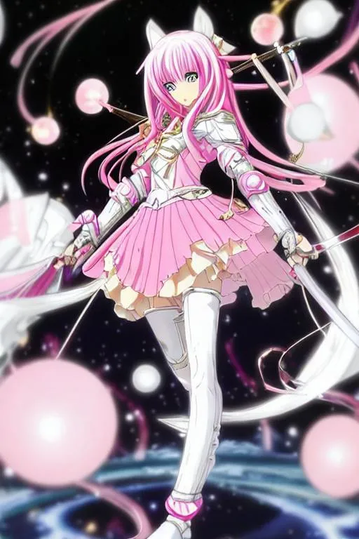 Prompt: "Anime Art", (masterpiece), best quality, expressive eyes, perfect face, full body, 1girl, pink haired eighteen years old girl, standing up, dressed in a pink dress under a set of white armor, silver hairpin with a pink gem, white chest plate, white gauntlets, white greaves, white armored boots, thigh high pink stockings, sword and shield, knee-reaching single braid, pink furred ears and tail, ghostly orbs all around,