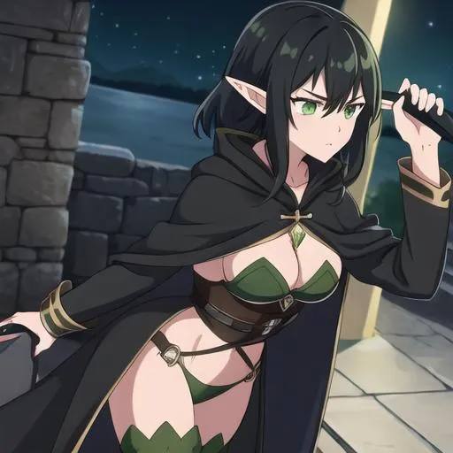 Prompt: girl with black wavy hair and green eyes. She is a thief at night in a cloak. She has elf ears