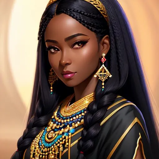 Prompt: 64K, Portrait of an Nigerian woman {character} with dark tan skin, long braided black hair and with a heart-shaped face, beads, dark eyes, {background}, perfect composition, by Yuumei, stanley artgerm lau, wlop, rossdraws, concept art, digital painting, looking into camera, intricate ornament on his suit, castle background, colorful ambient, colorfull, HDR, 64K