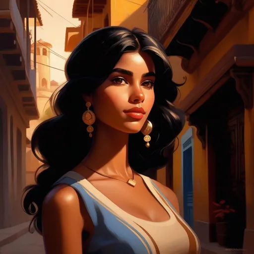 Prompt: Third person, gameplay, Cuban girl, tan skin, black hair, brown eyes, Havana, golden atmosphere, cartoony style, extremely detailed painting by Greg Rutkowski and by Henry Justice Ford and by Steve Henderson 