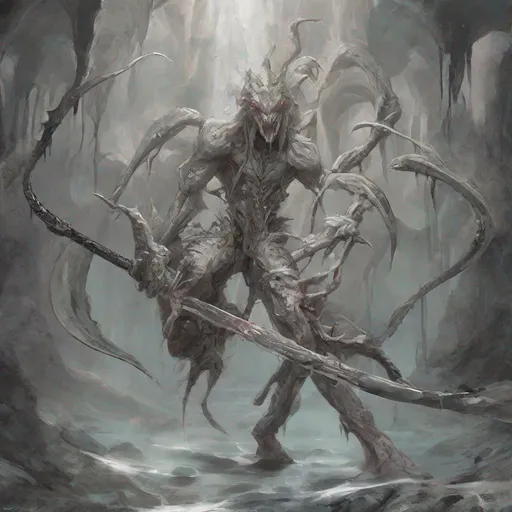 Prompt: {{{{{{{Gelatinous Body}}}}}}}, Full Body Grey Skin, Grey Slime Body, tenticles, humanoid claws, slender lizard tail, sharp fangs, no eyes, oval shaped head, wielding two psionic daggers, fantasy setting, cave background, combat stance, colored, Ultra high quality, Slenderman build