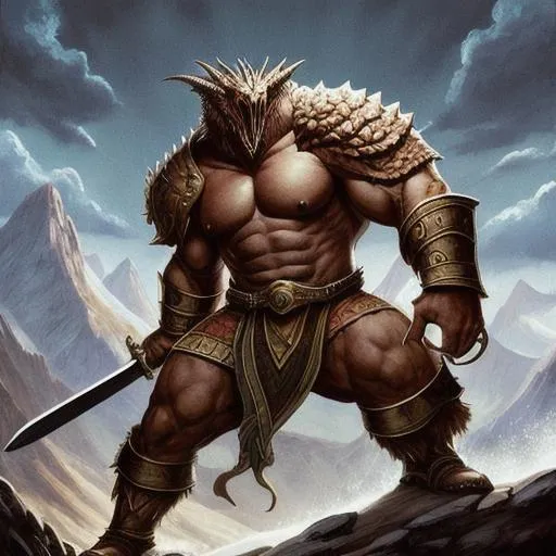 Prompt: giant muscular man, stabs a dragon into a mountain with a big sword. 