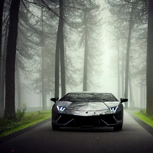 Prompt: Front side of a Lamborghini forest foggy creepy eerie