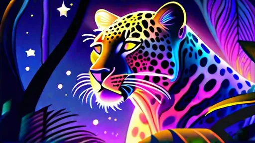 Prompt: An fantasy translucent leopard that is glowing, in a jungle, beneath the stars, sunset, highres, best quality, concept art