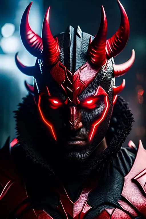 Prompt: Photorealistic Devil man, Red Skin and eyes, Black markings on face and body, Black horns with red tips, Red and Black Leather Style Armor, Intricately Detailed, Hyper Detailed, Hyper Realistic, Volumetric Lighting, Beautiful coloring and face detail