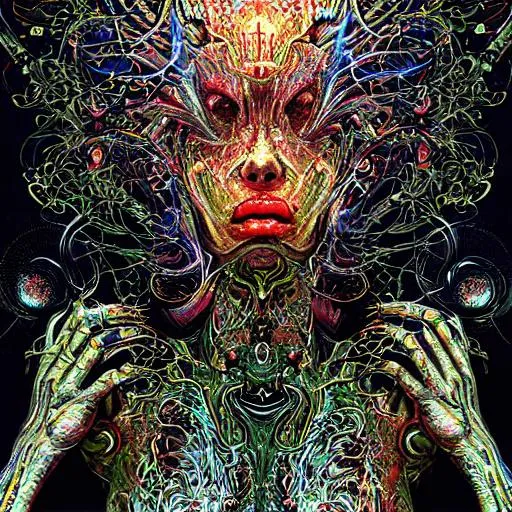 Prompt: Divine exotic surreal abstract orgasmic galactic Alien looking Into biomechanical abyss transcendental Fluid in the head teceract 7d sci fi hyperreal hyperrealistic Phillip druillet android jones , alex gray, Karol Bak, Ayami Kojima, Amano sorayama polkadot kusama