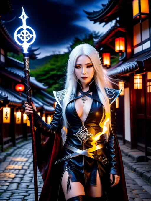 Prompt: 8K photo, cinematic, dark gothic fantasy, Beautiful Japanese female Shadow Mage, flowing white hair, ((glowing yellow eyes)), dark makeup, red leather vest with silver runic markings, intricate face, tall leggy fat, black leather duster and boots, holding a glowing staff with arcing bolts of plasma, nightscape, cobblestone lane, highly detailed