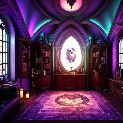 Prompt: HD, 4K, 3D, Stunning, magic, cinematic camera, two-point perspective, interior design,witch bedroom, ethereal, full moon outside, gorgeous gothic windows,bookshelf, cauldron, magic mirrors, light contrast, witchy ambient, purple and green sunstrails, moon glow, magic books 