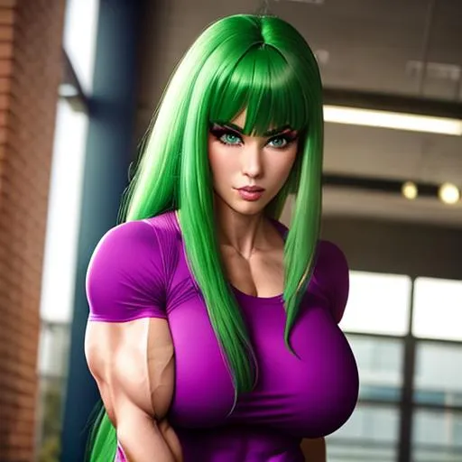 Prompt: {{green hair, red eyes}}
{{superhero, woman, enormous muscles, giant muscles, muscular woman, hulking, flexing, biceps, full body}}
{{tight clothing, {{purple clothing}}, high heels}}
perfect face, perfect body, photorealistic, hyperrealistic, photograph, 22mm lens, 4k, soft lighting