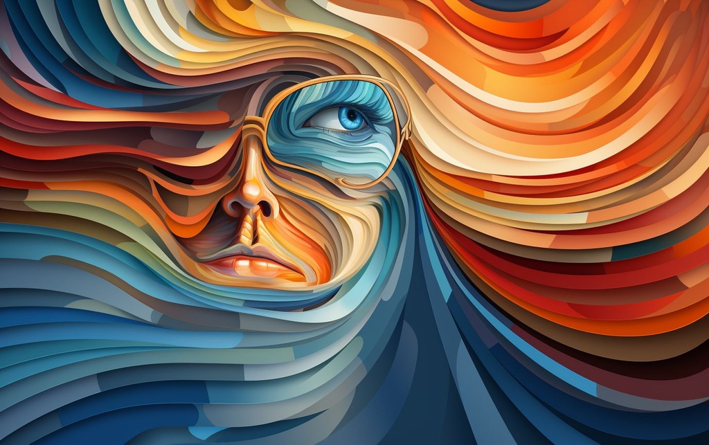 Prompt: an illustration showing a man's face, in the style of psychedelic graphic design, color stripes, mandy disher, sunrays shine upon it, mind-bending sculptures, aaron douglas, optical illusion