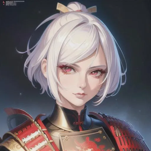 Prompt: (masterpiece, illustration, best quality:1.2), short trimmed white hair, red eyes, wearing samurai armour, portrait, (mean face), best quality face, best quality, best quality skin, best quality eyes, best quality lips, ultra-detailed eyes, ultra-detailed hair, ultra-detailed, illustration, colorful, soft glow, 1 woman, mature woman, samurai theme
