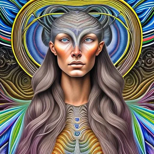 Prompt:  The geometric background is backlit in the style of Alex Grey, the foreground is in the style of Botticelli. A beautiful indigenous  woman, with gray hair, four gray-colored eyes, one set of eyes over the top of the other set of eyes