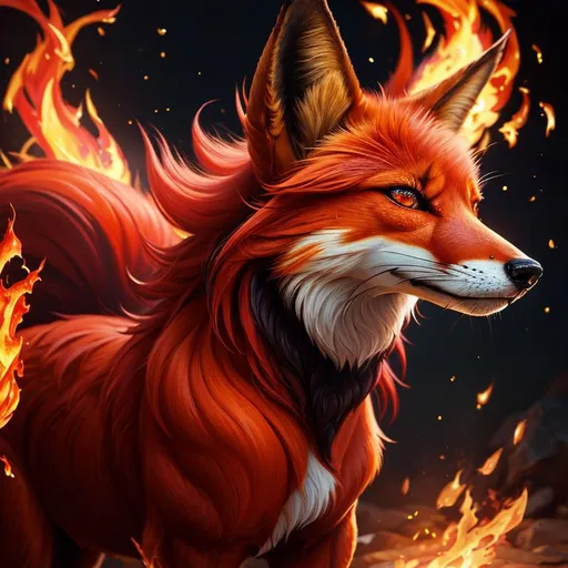 Prompt: (8k, 3D, UHD, ultra sharp, very detailed, masterpiece, detailed oil painting) portrait of fire elemental ((fox)), (canine quadruped), adolescent female, silky crimson-red fur, emerald green eyes, 8k eyes, youthful, lively, lithe, black fur highlights, long silky hair on crest, (plump), plump figure, umber red mane, solid red belly, beautiful charming grin, graceful, by Anne Stokes, by Yuino Chiri, vivid colors, vibrant, global illumination, wispy brown ears, wispy ruby-red mane flowers on fur, snow-capped trees, complementary colors, fur dusted with snow, forest, silky bushy tail, billowing mane, professional, unreal engine, dynamic, highly detailed, detailed smiling face, 4k, 64k, UHD