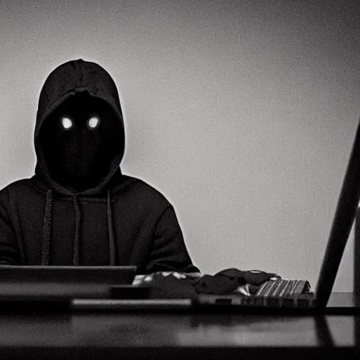 Prompt: guy in black hoodie hacking into computer, no face, dark room