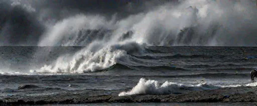 Prompt: In the midst of an immense storm, a lone man wearing a coat stands on a beach, facing away from us. His figure, diminutive against the colossal waves 20 meters high  over him,  The turbulent sea crashes on his feet,, its ferocity accentuated the very black darkened sky.  , Torrential rain cascades down, creating a hazy veil that shrouds the scene. amative, hyper realistic, super detailed,perfect viewpoint, highly detailed, wide-angle lens, hyper realistic, with dramatic sky, polarizing filter, natural lighting, vivid colors, everything in sharp focus, HDR, UHD, 64K