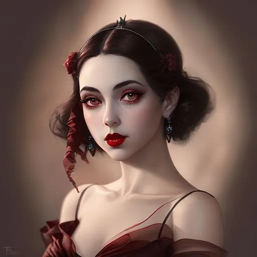 Prompt: Ethereal fantasy image detailed painting by Tim burton and artgerm portrait of a beautiful 1920's high class young aristocrat female with dark brown eyes perfect cherry red lips wearing a very beautiful formal gown,  artgerm, award-winning cgi, blender 