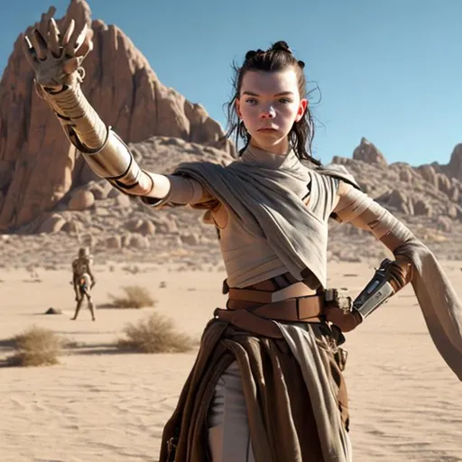 Prompt: anya taylor-joy, detailed face, skinny, anorexic, tall, military, cyborg arm, desert armor, rey starwars, bandaged arms, tan poncho, desert, mountain, scifi, futuristic