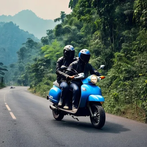 Prompt: One is on a blue scooter,wearing helmates, hugged from behind by his male lover. The road they took was deserted, with forests beside them and mountains in the distance.