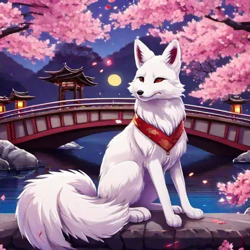 Prompt: fluffy, cute, white and purple 9 tailed kitsune fox with glasses sitting on traditional Japanese style bridge  as the river flows underneath with cherry blossom trees in the back ground, contrast colors, night sky with starts, Japanese style, vibrant background, zoomed out, aesthetic scars, bloody, hallucinations, power, high definition, professional brush strokes, HD, 4K 